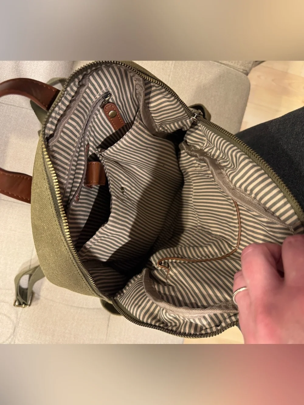 Olive Canvas Backpack with Leather Trim